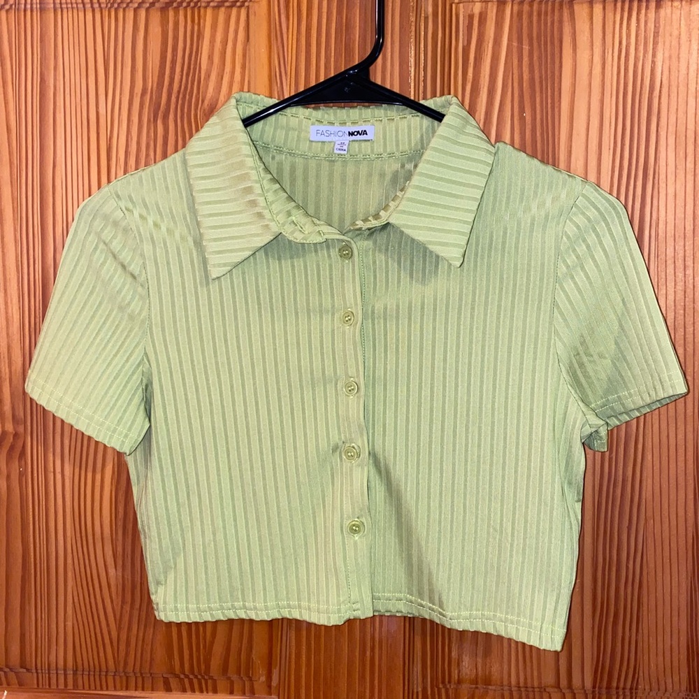 Fashion Nova Green Notched Collar Button Down Crop
